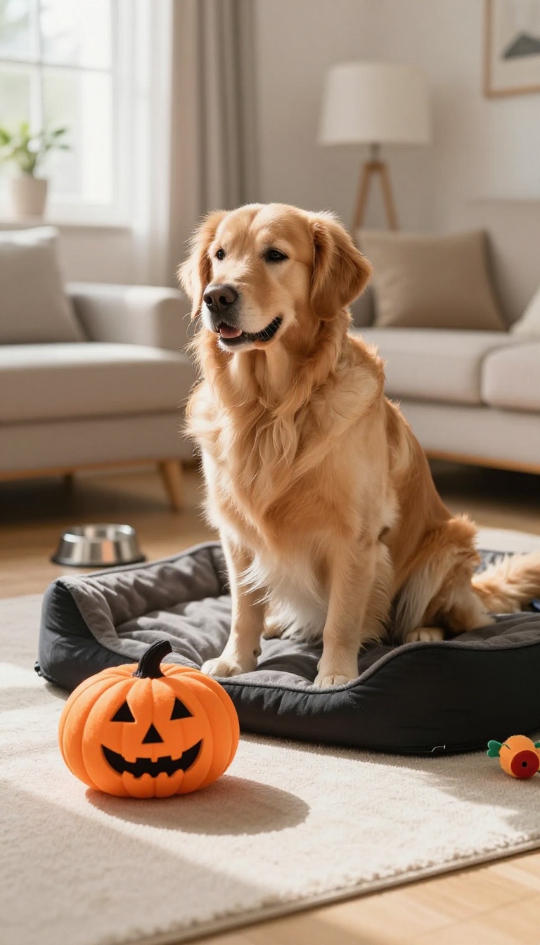 A golden retriever calmly sniffing a folded Halloween costume placed near its dog bed in a bright living room.