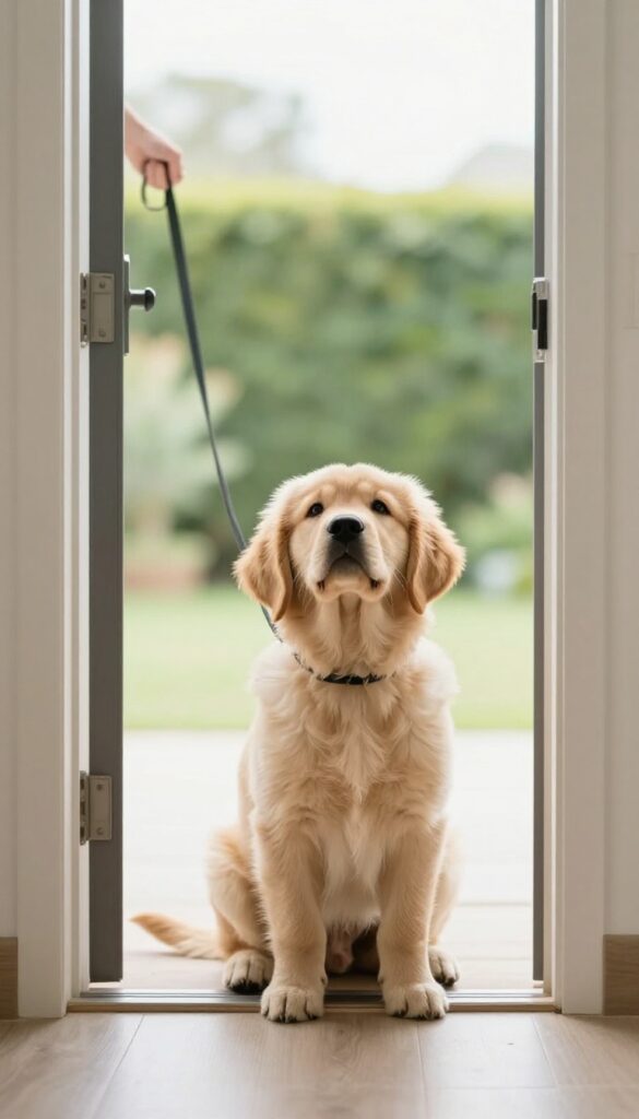 Golden retriever puppy waiting calmly at an open front door