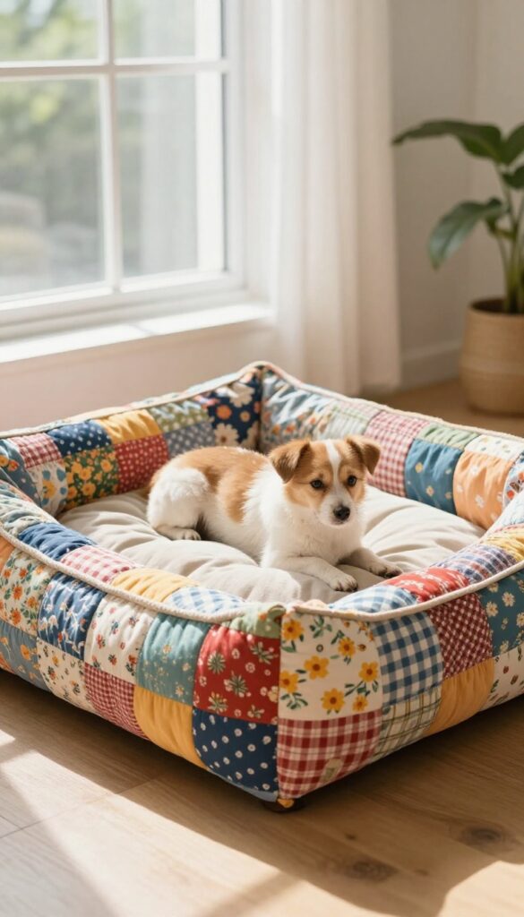 A colorful patchwork quilted dog bed with a dog resting on it in a bright living room