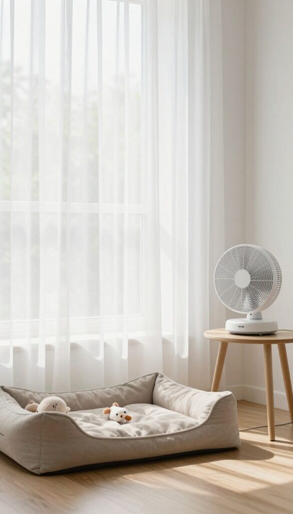 Quiet, serene living room corner with a dog bed and white noise machine, designed to reduce puppy barking triggers.