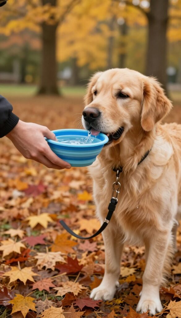 Person offering water from a collapsible bowl to a dog during a fall walk