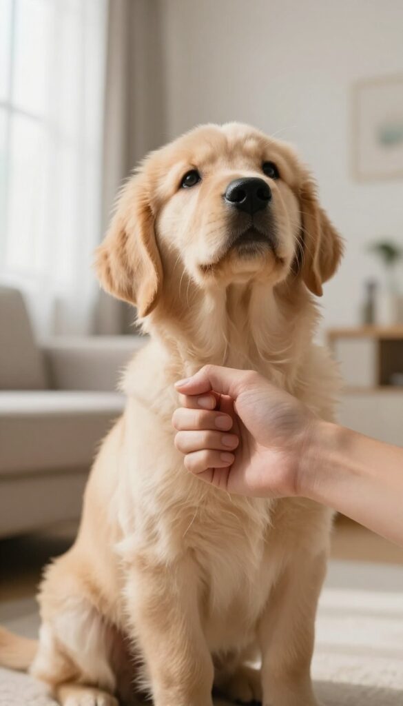 Person using an empty hand signal to teach a puppy to sit, with the puppy beginning to sit, in a bright living room.