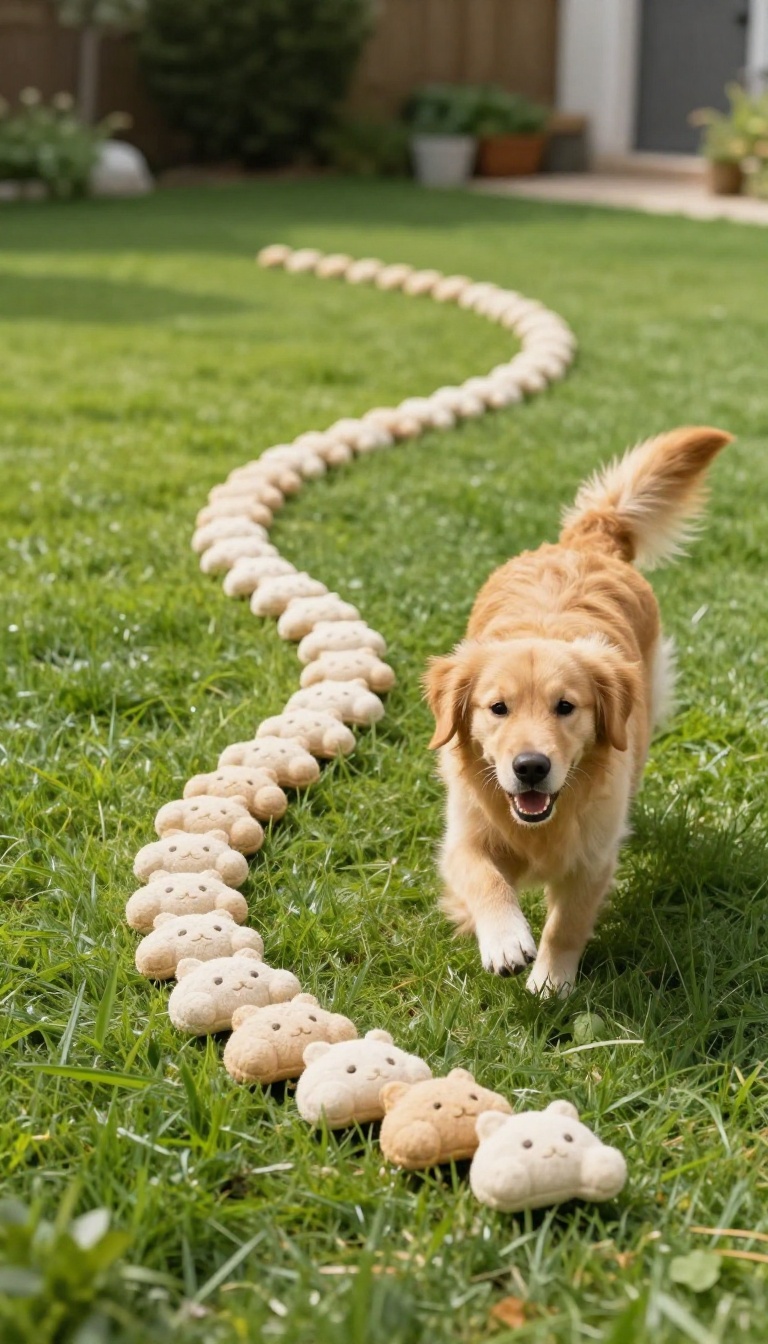 A golden retriever following a trail of treats on a grassy lawn.