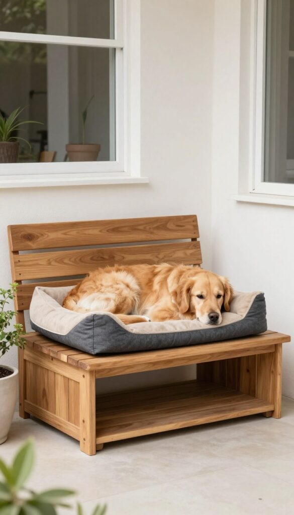 A built-in bench with a storage bed for a dog on a patio, with the seat lifted to show the dog resting in the shaded compartment underneath.