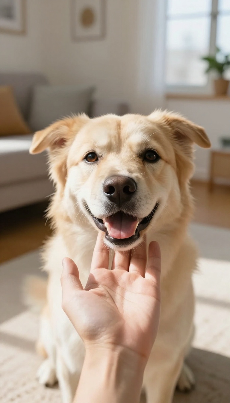 A dog touching its nose to an open palm in a bright living room, symbolizing trust and confidence building through the touch trick.