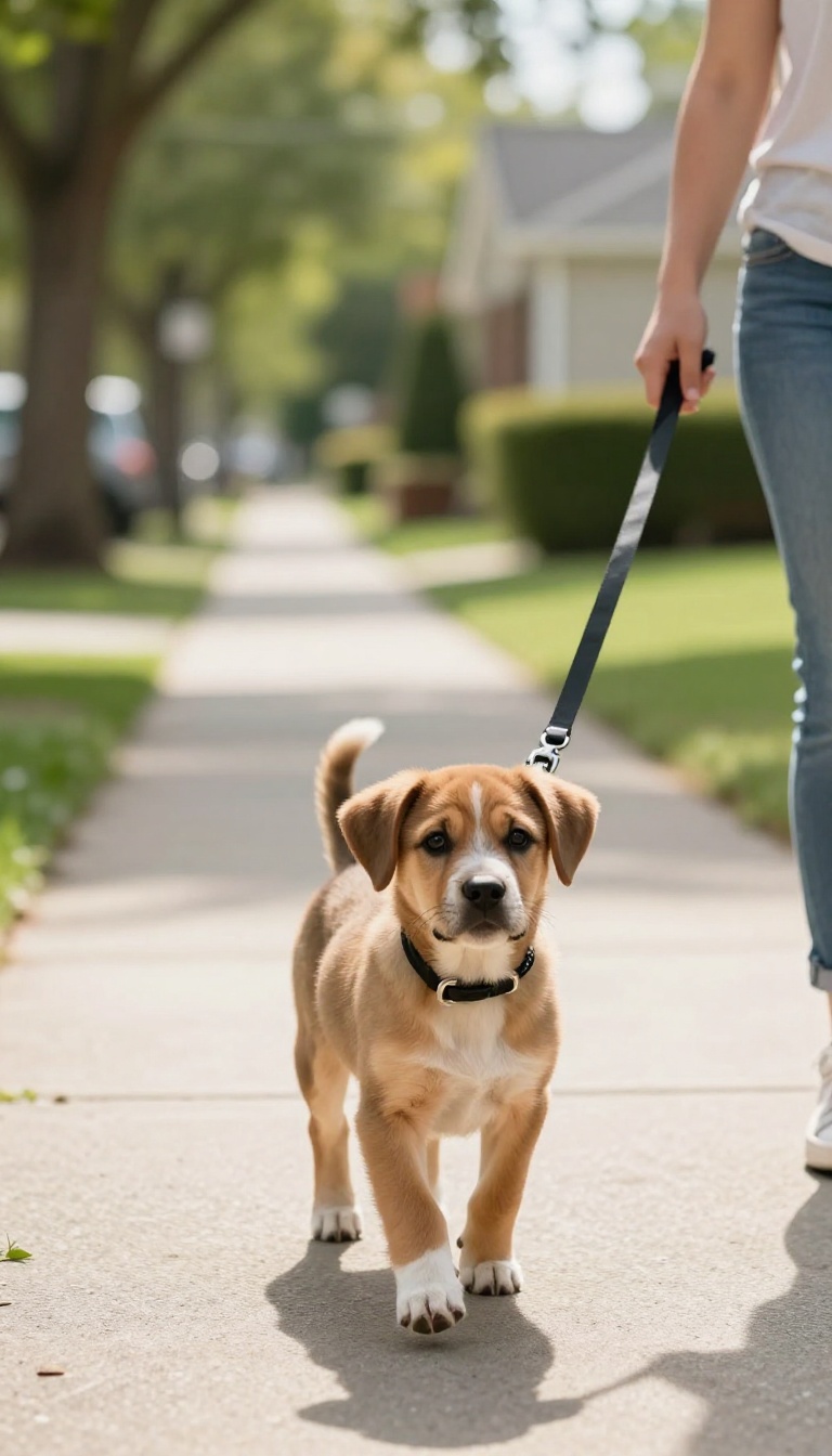 Puppy on a leash looking up at its owner during a walk on a sunny sidewalk, with the owner changing direction, illustrating a training moment for engaging walks.
