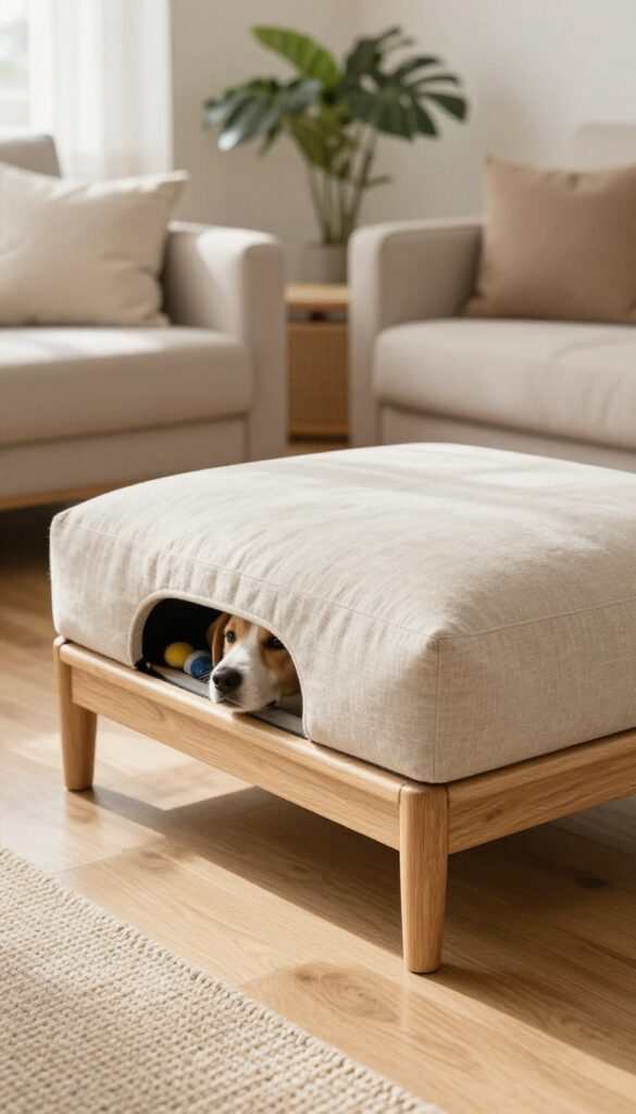 A wooden storage ottoman dog bed with a plush cushion, a dog peeking out of the side opening, in a bright modern living room.