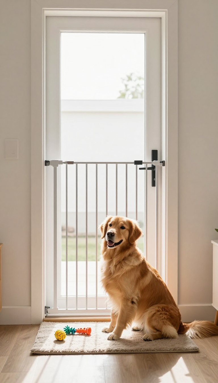 Calm dog sitting behind a baby gate near the front door in a bright, modern living room, with toys and a mat, illustrating a positive training setup.