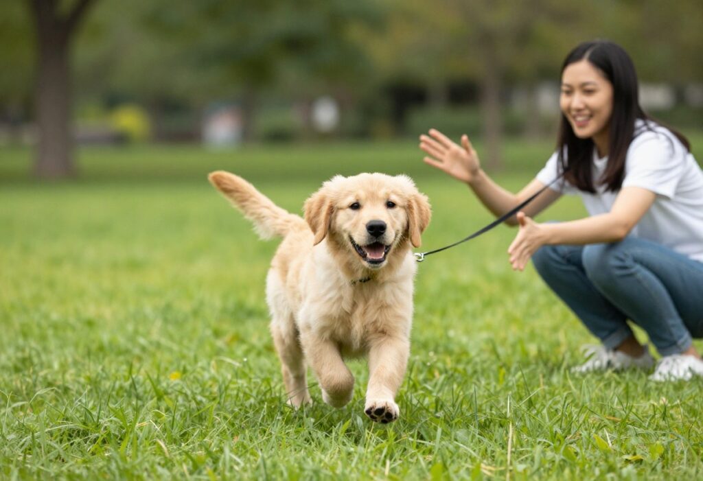Puppy running toward owner during a recall training session in a sunny park
