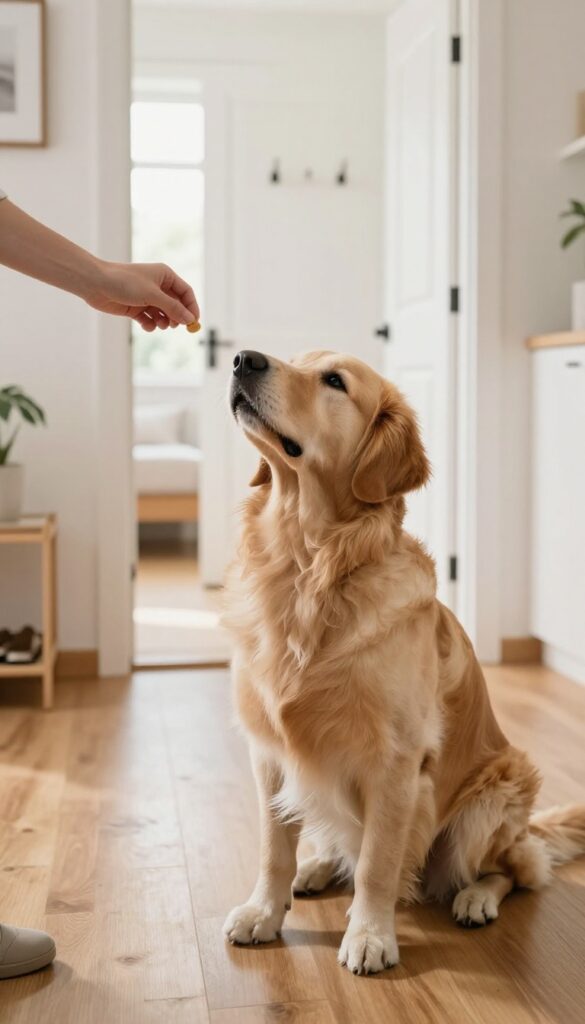 A dog sitting calmly near the front door, looking at a treat in its owner's hand, illustrating the 'leave it' training technique.