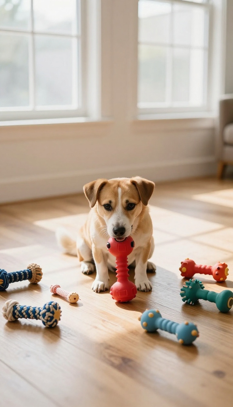 Dog playing with durable chew toys in a sunlit living room