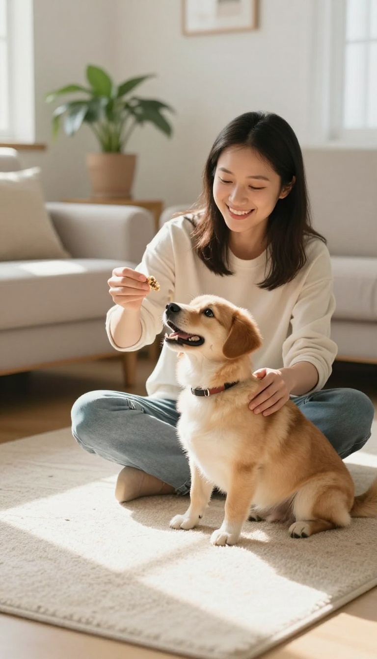 Person training a dog to heel with a treat in a bright living room
