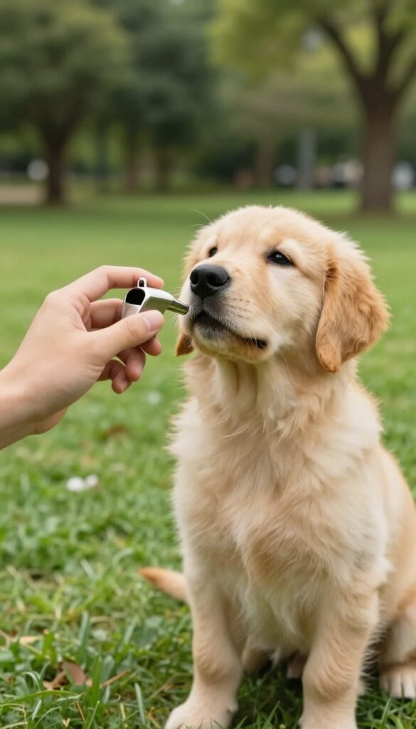Person blowing a whistle while a puppy sits attentively in a sunny park