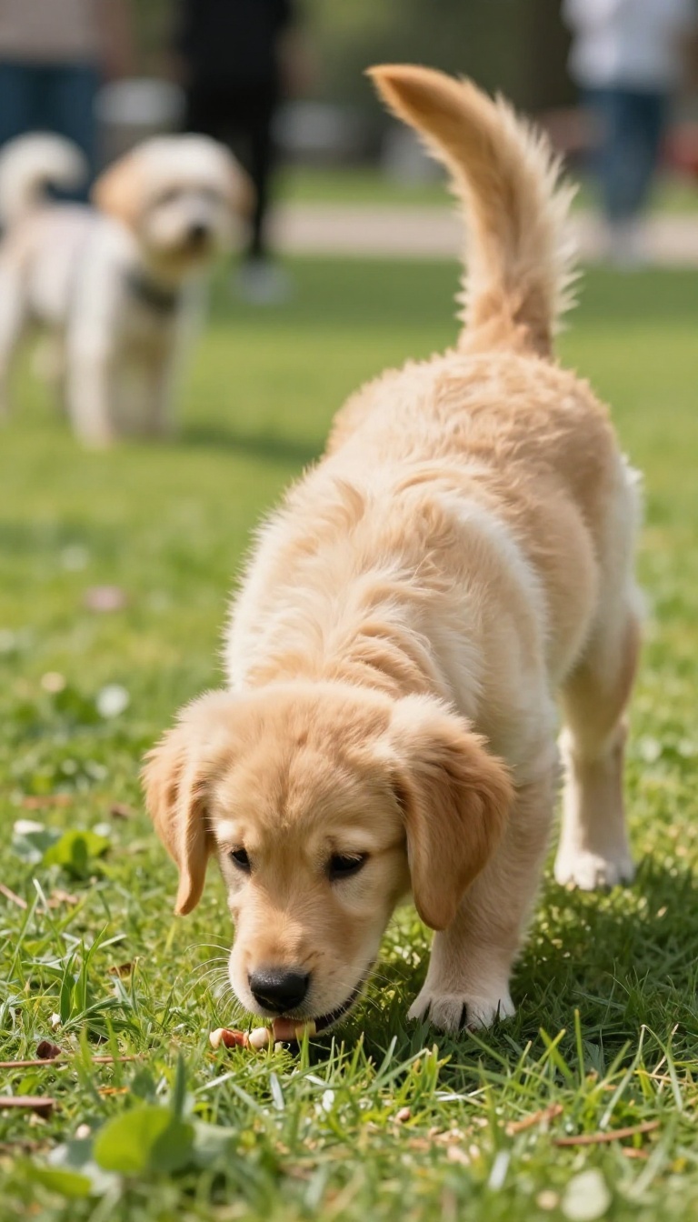 A puppy playing the 'Find It' game, sniffing for a treat on the grass in a park with soft-focus background distractions.