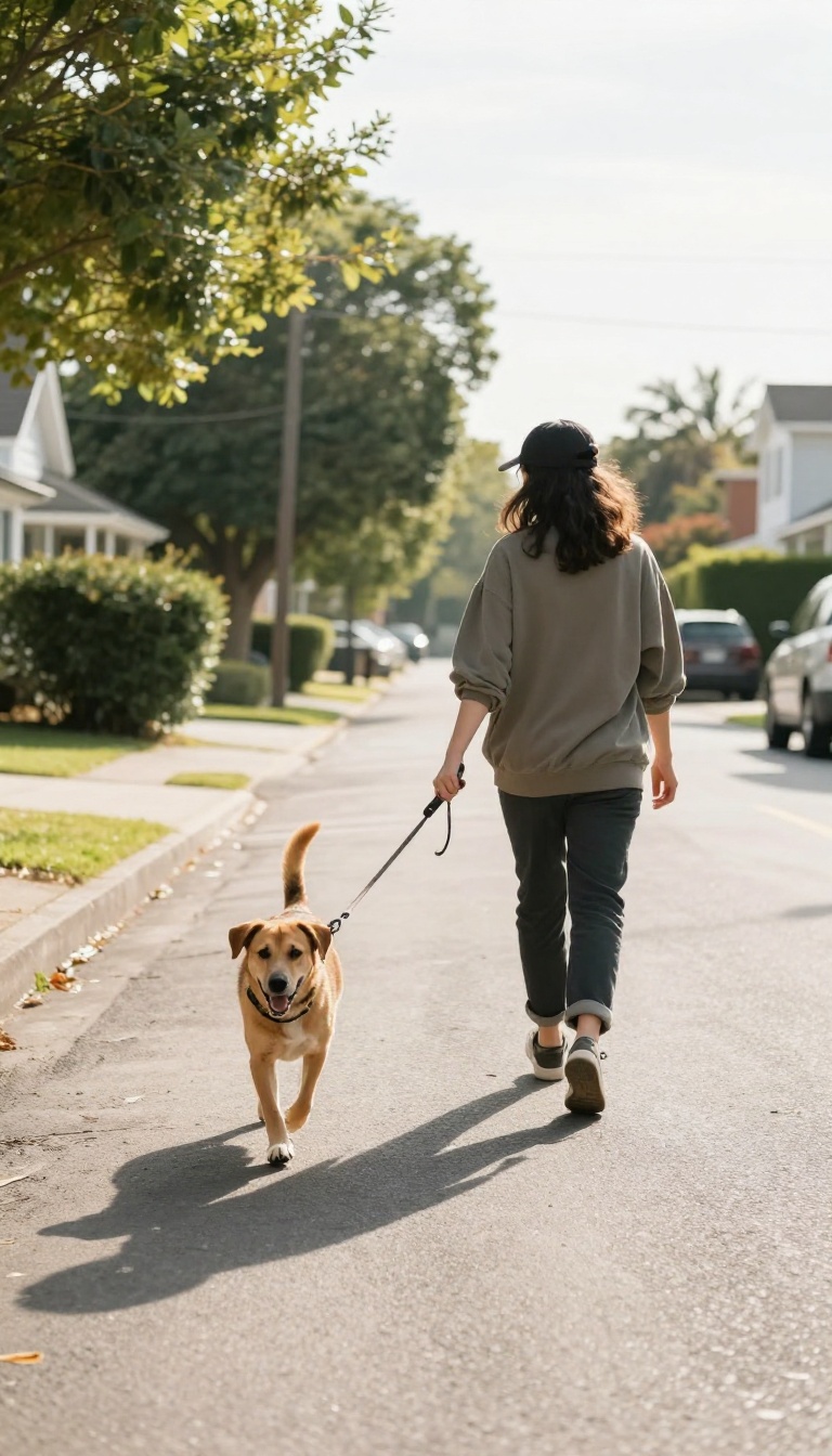 Person walking a dog on a sunny street before leaving home