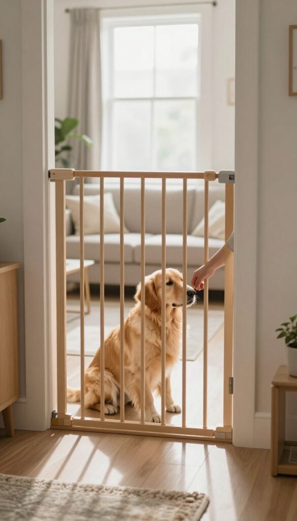 Dog sitting calmly behind a baby gate while a person offers a treat, illustrating a positive training setup.