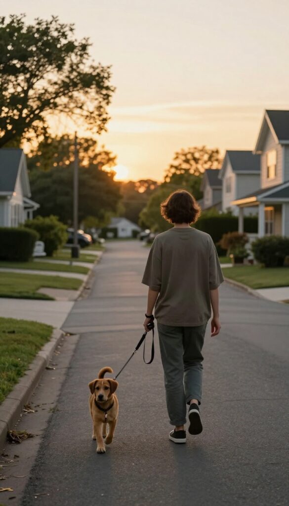 Person walking a puppy on a leash during a peaceful evening walk in a suburban neighborhood