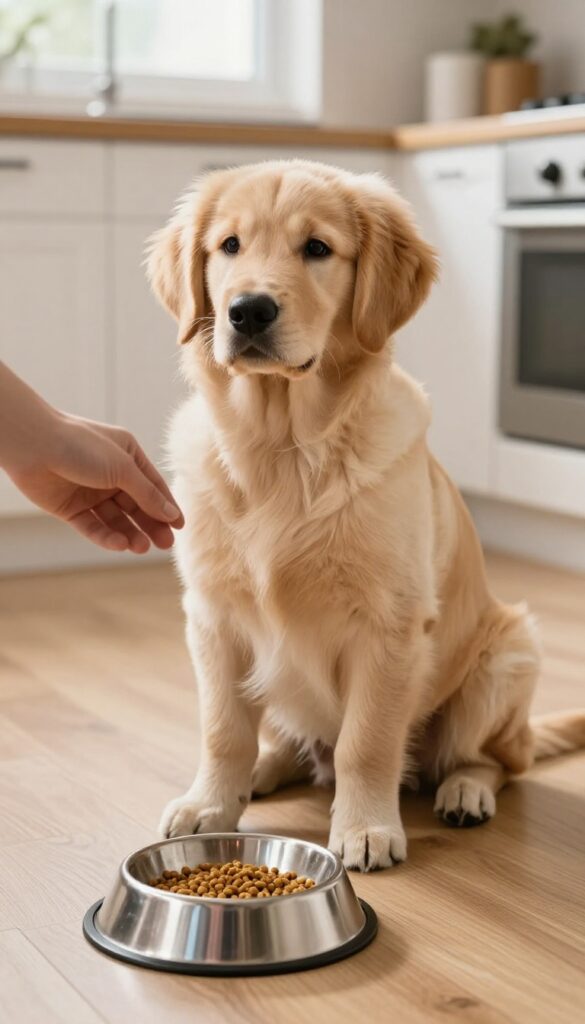 Golden retriever puppy sitting patiently as owner holds a bowl of food, representing dinner time obedience training.