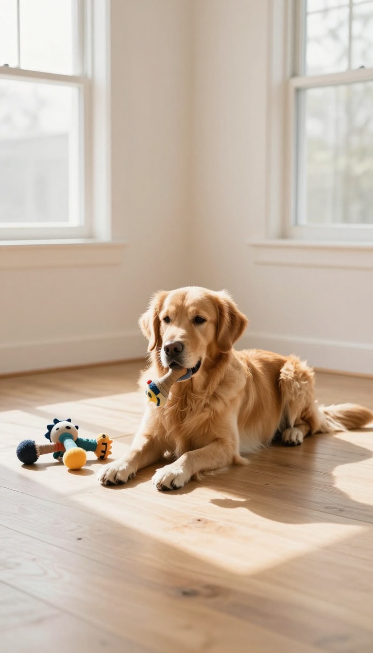 A calm golden retriever sitting next to a pile of dog toys in a bright, tidy living room, illustrating the results of consistent and patient chewing training.