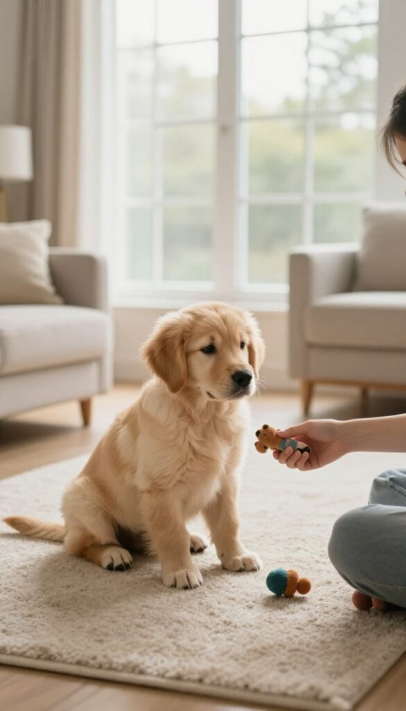 A calm puppy sitting on a rug during a training time-out in a bright living room