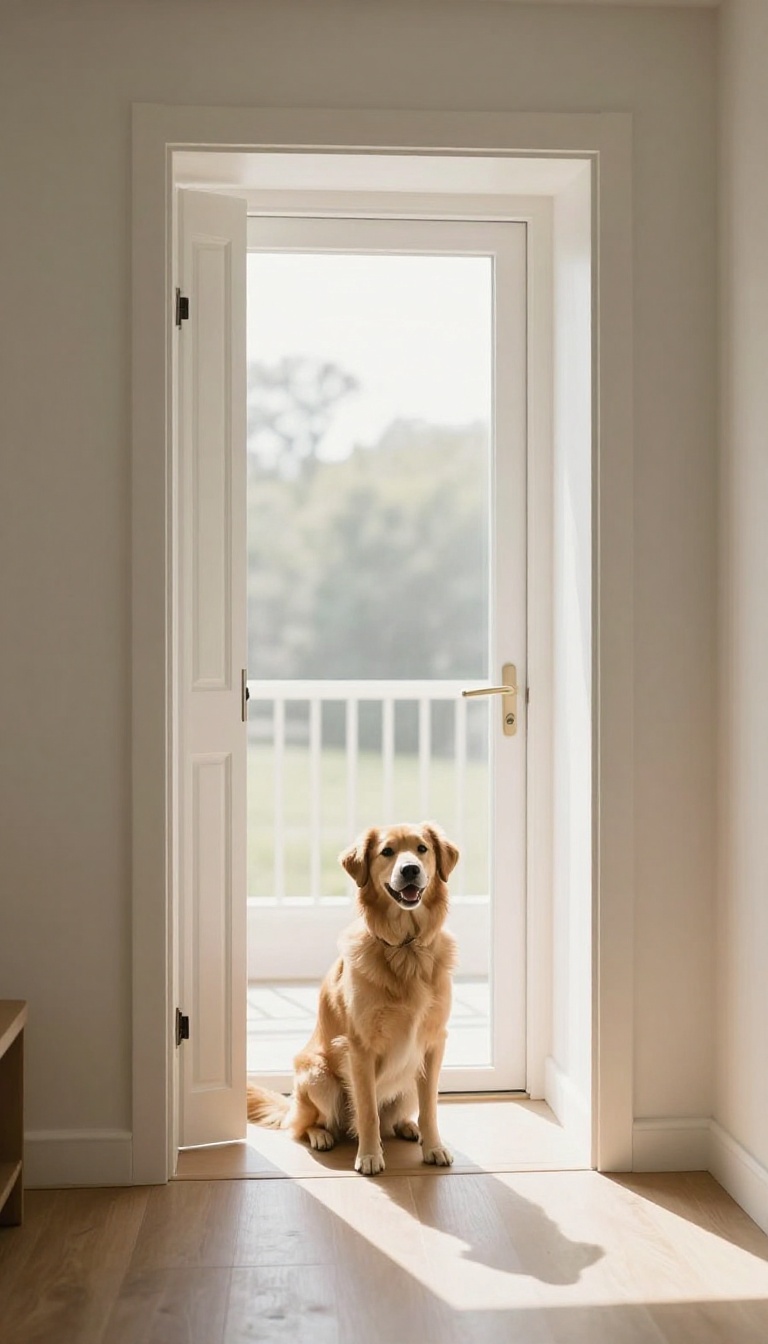 Dog sitting patiently at an open door in a sunlit room, illustrating a morning sit-before-release training routine.