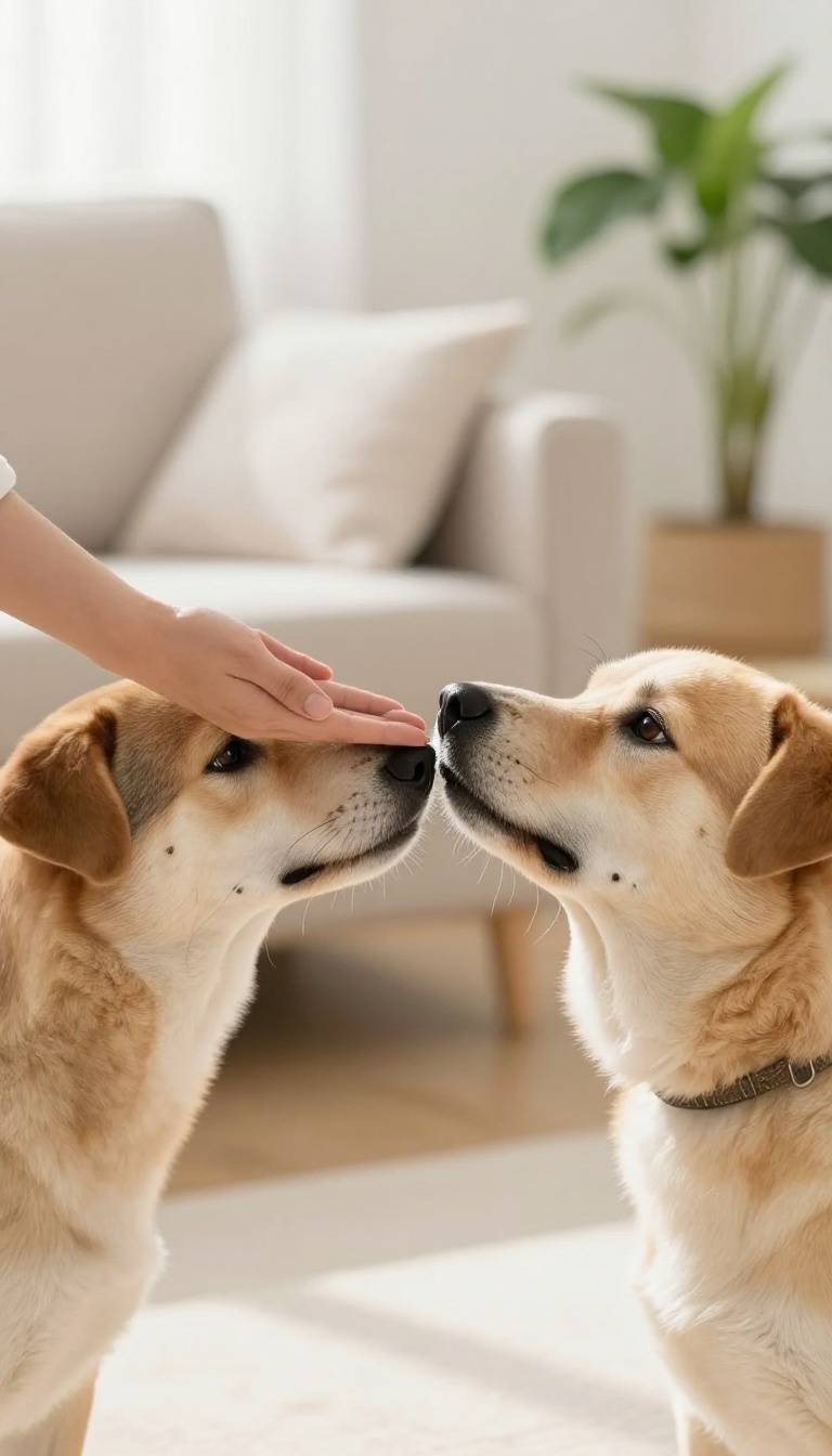 A person's hand held out for a shy dog to touch with its nose in a bright living room, illustrating the 'touch' cue training exercise.