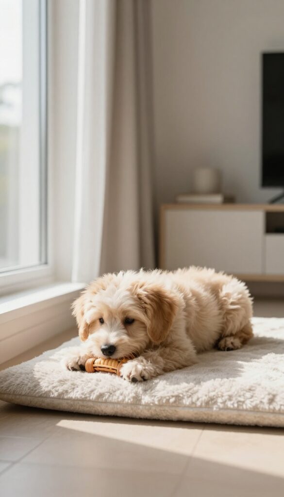 A puppy calmly chewing a toy on a mat in a bright, cozy room, representing positive alone time.
