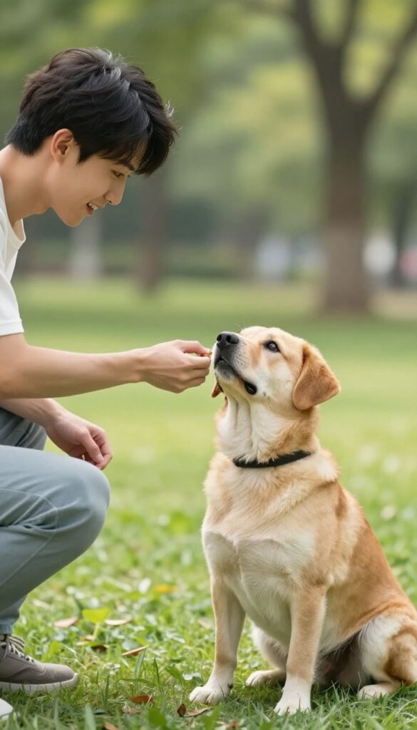 Dog making eye contact with owner during outdoor training game in a park
