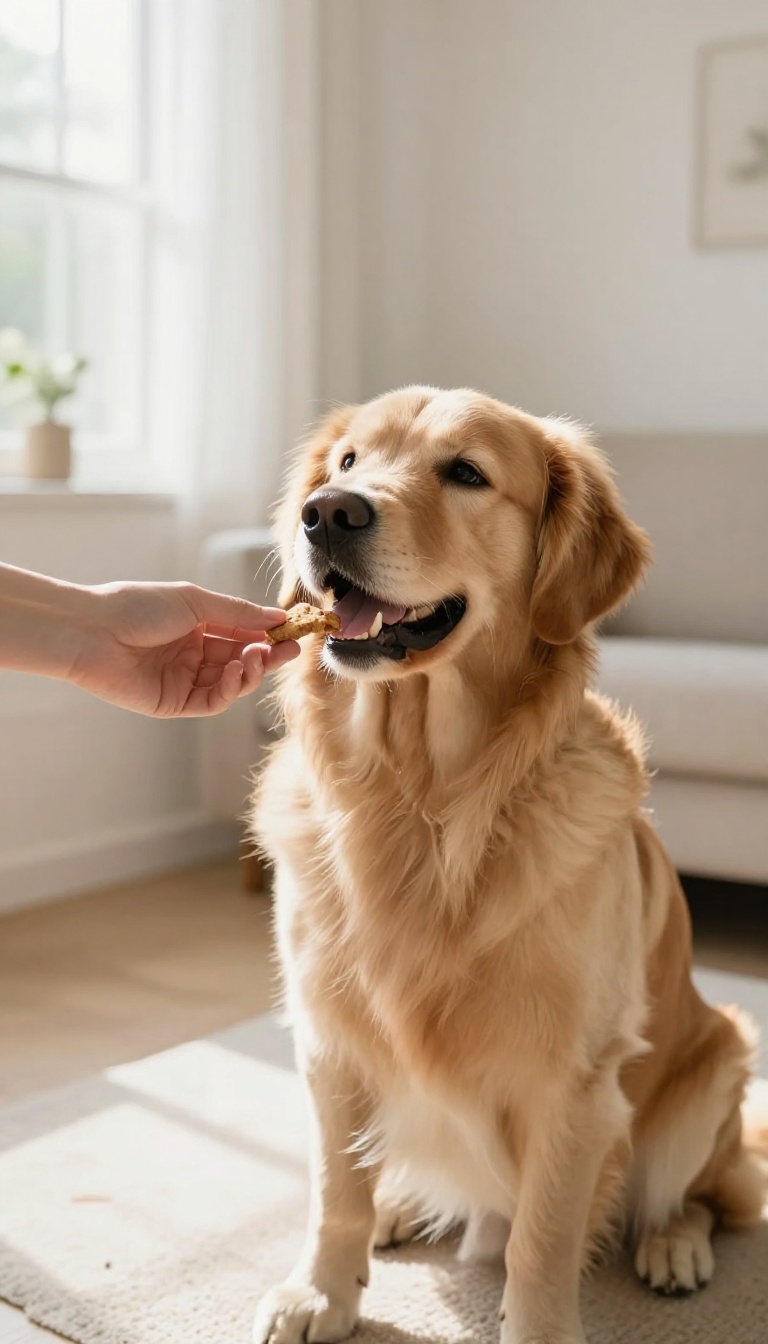 Happy golden retriever ending a training session on a positive note with a treat in a bright living room