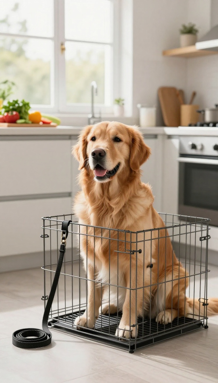 Dog sitting calmly in a crate during meal prep in a bright kitchen, with a leash nearby