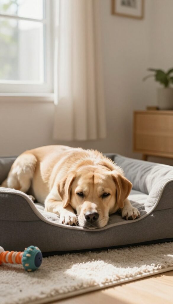 A calm dog resting on a cozy bed in a bright living room