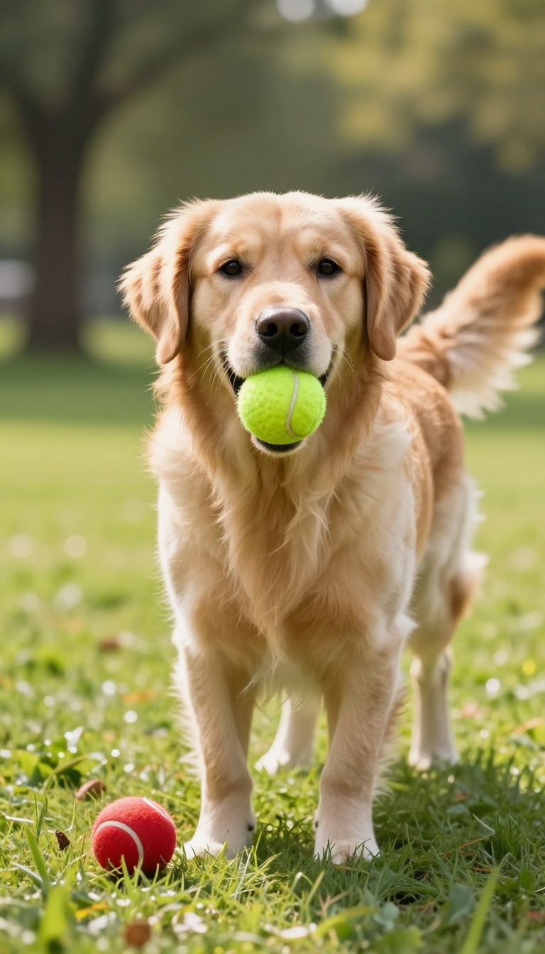 Golden retriever holding a tennis ball in a sunny park, with another ball on the ground, illustrating the fetch and drop game.