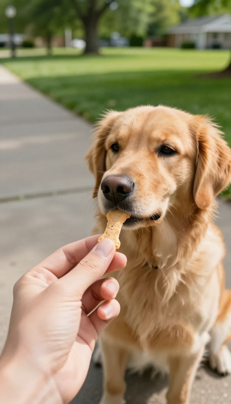 Hand offering a chicken treat to a calm dog on a sunny sidewalk, capturing the moment before the dog reacts to a trigger.
