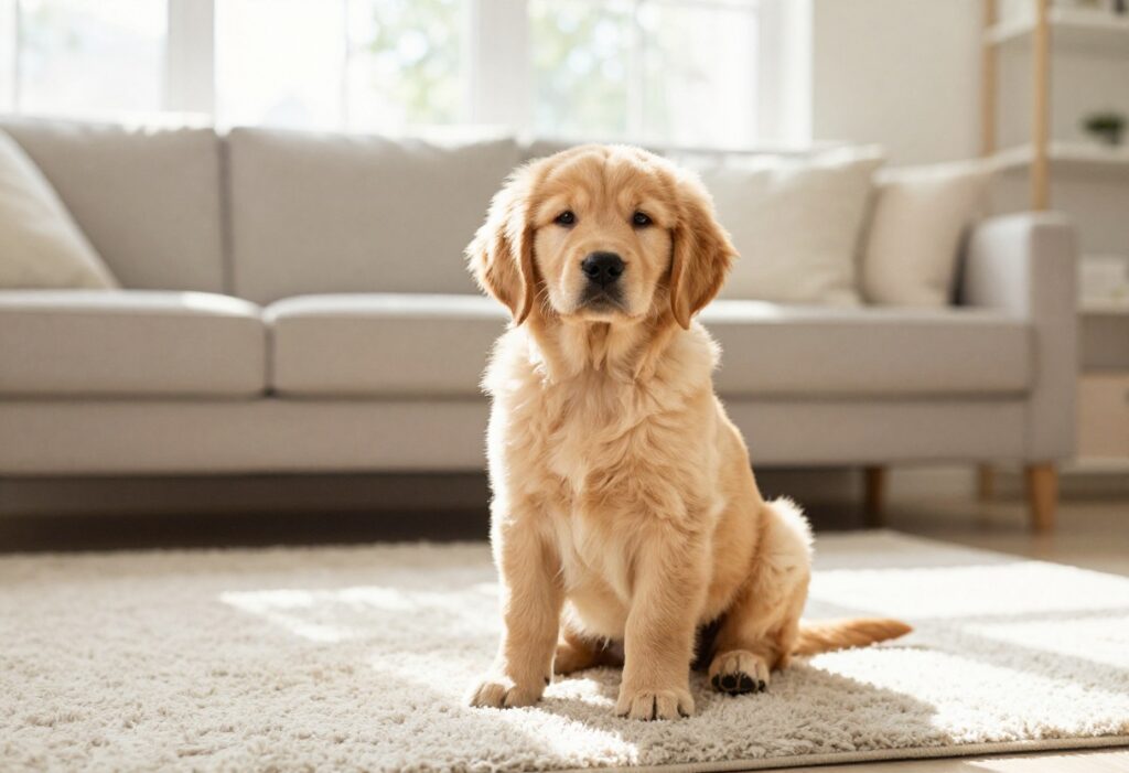 Calm puppy sitting quietly in a bright living room