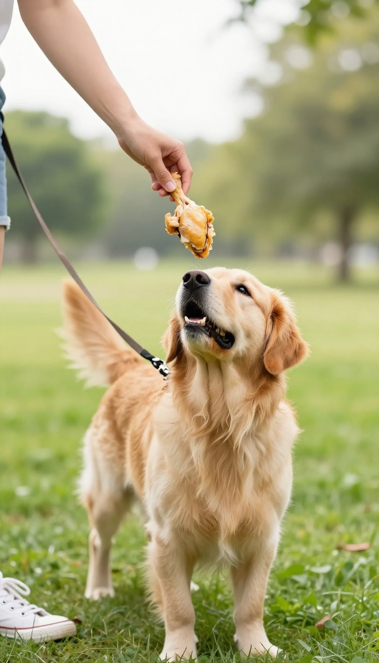 Person rewarding a dog with a high-value treat during a loose-leash walk in a sunny park