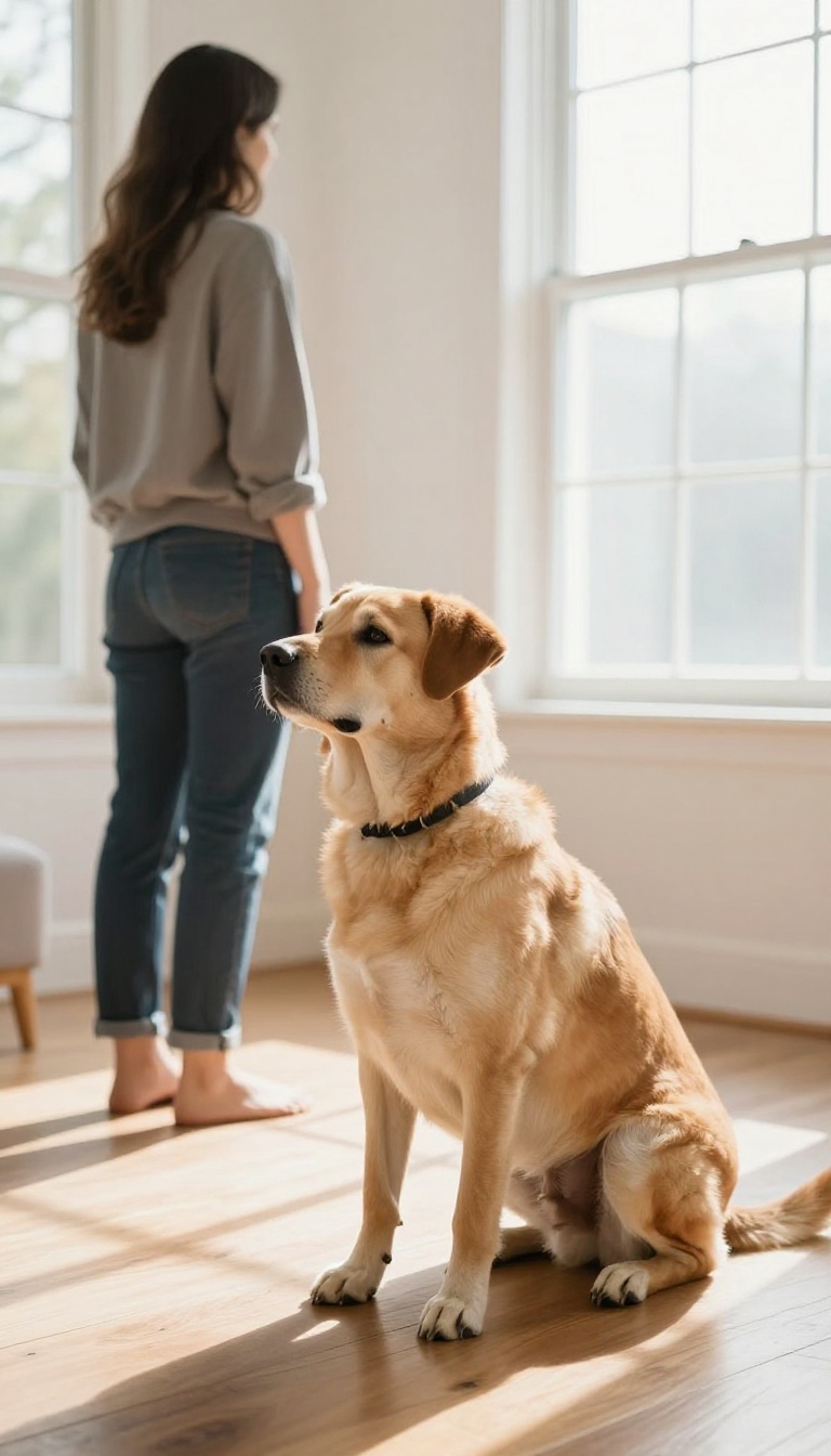 Dog staying while owner steps away in a bright living room