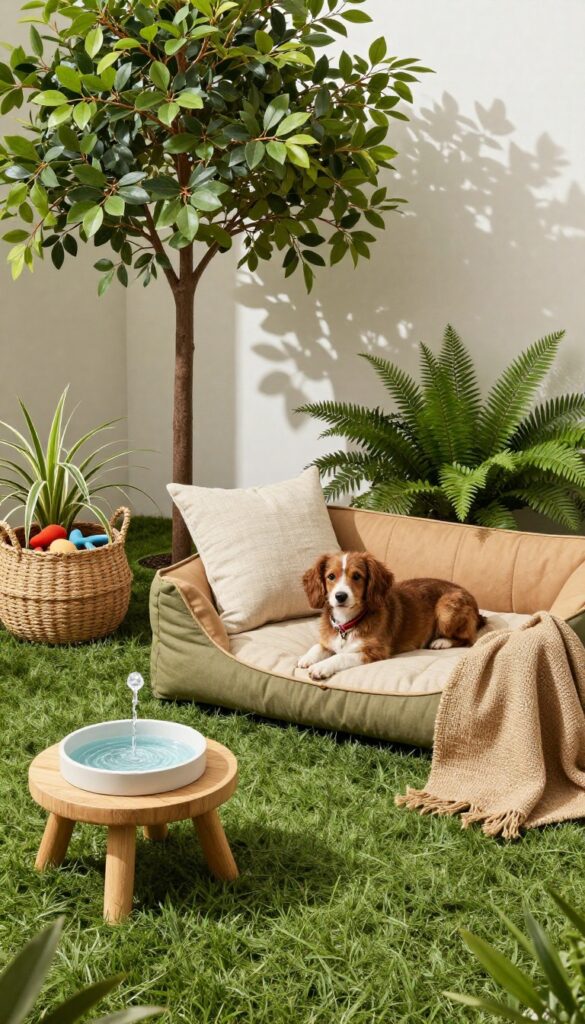 Outdoor-inspired dog bed corner with grass-like rug, faux tree, pet-safe plants, and a small fountain in a bright living room