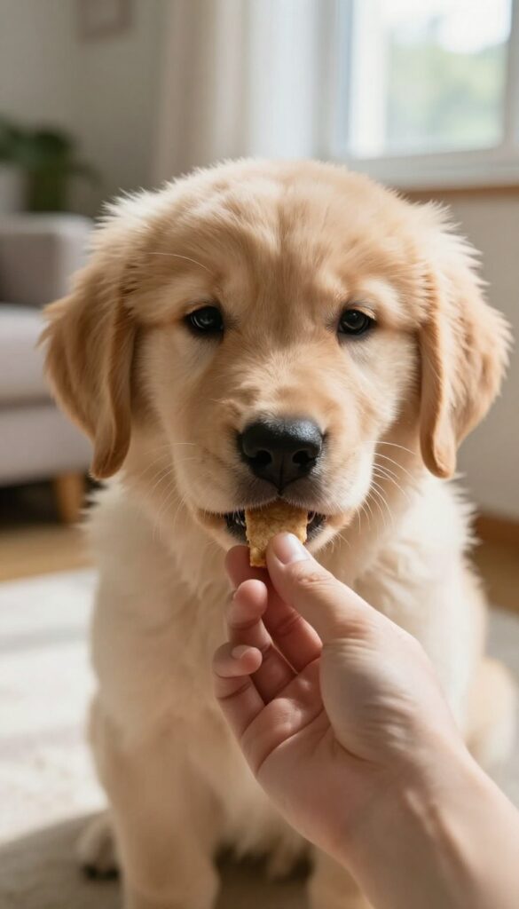 Person teaching a puppy bite inhibition by offering a treat gently in a bright living room.