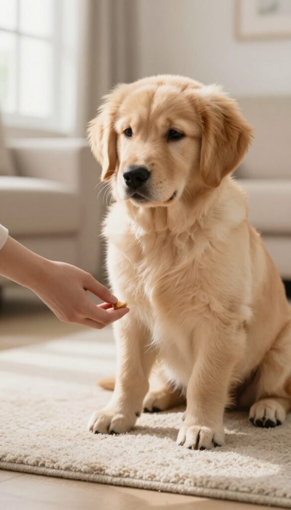 A person gently touching a puppy's paw while giving a treat during a handling practice session at home.