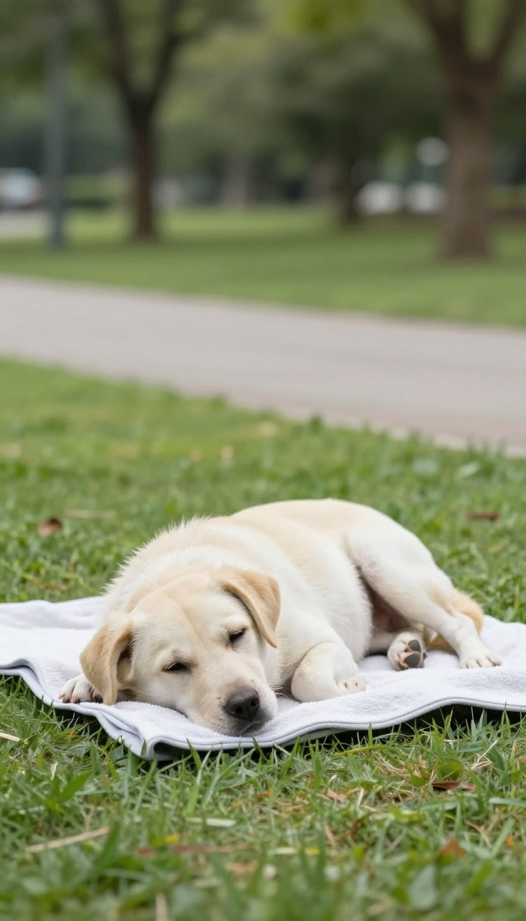 A calm dog lying on a mat outdoors during a walk training session