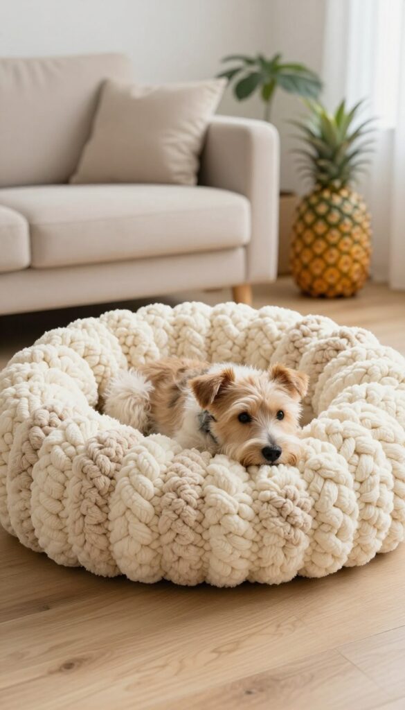 A chunky crochet cuddle cup bed with a small dog curled up inside, showcasing the deep, bowl-shaped design and plush yarn texture.