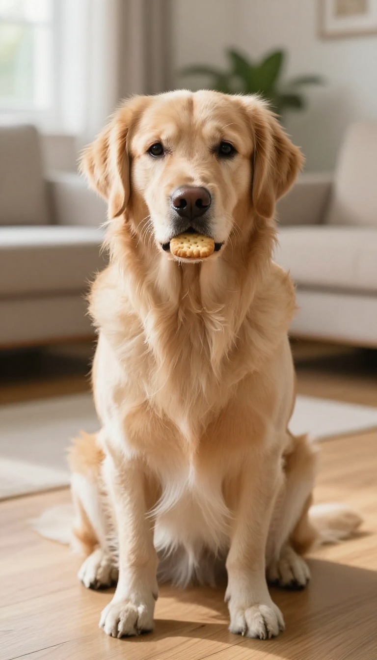 Golden retriever balancing a treat on its nose, demonstrating focus and patience in a bright living room.