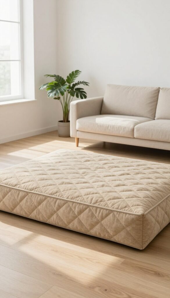 A solid oatmeal quilted dog bed in a bright modern minimalist living room