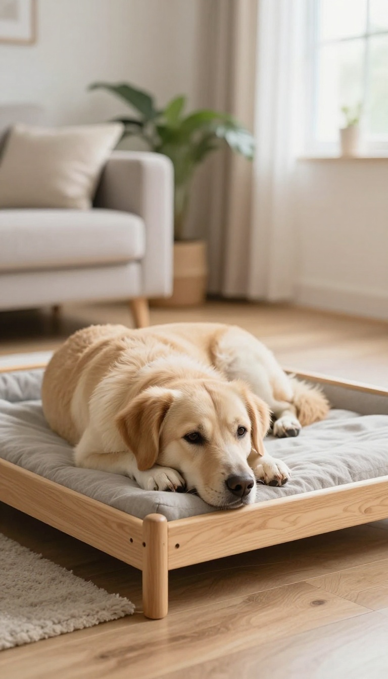 A dog calmly resting on its bed in a bright living room, illustrating the 'Go to Bed' trick.