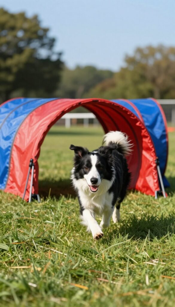 A dog running through a red and blue agility tunnel in a sunny park, demonstrating confidence and focus.