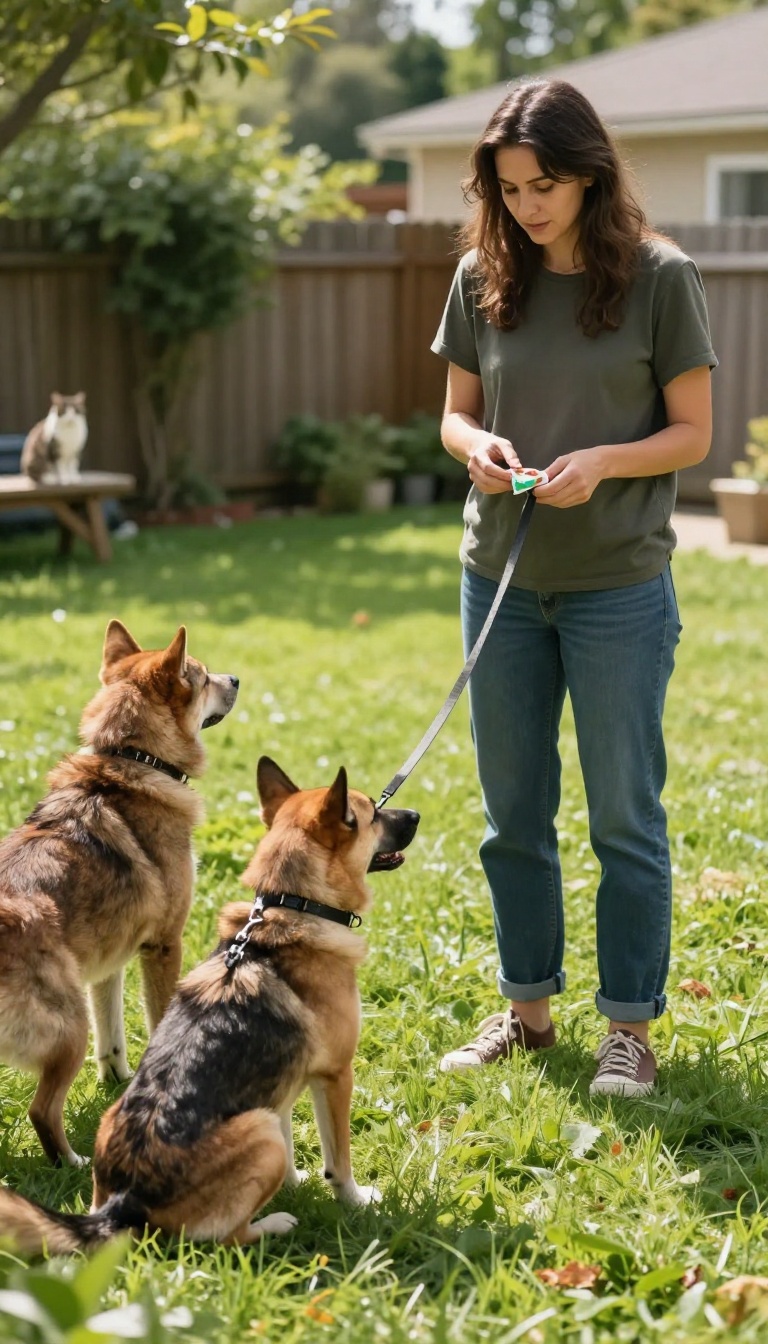 Dog trainer using a long leash to control distance during cat exposure training