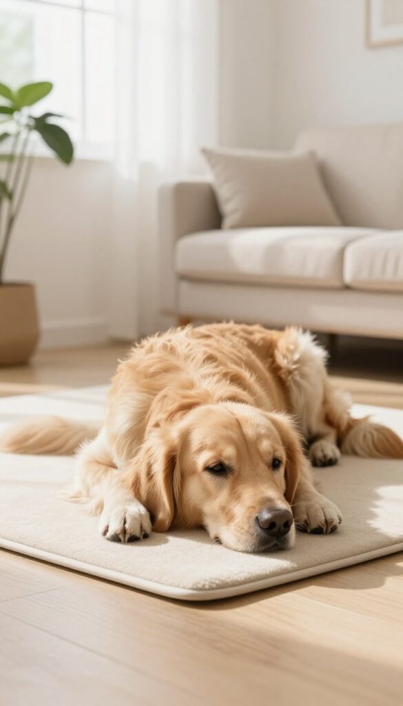 A calm golden retriever lying on a mat in a bright living room, promoting relaxation and training.