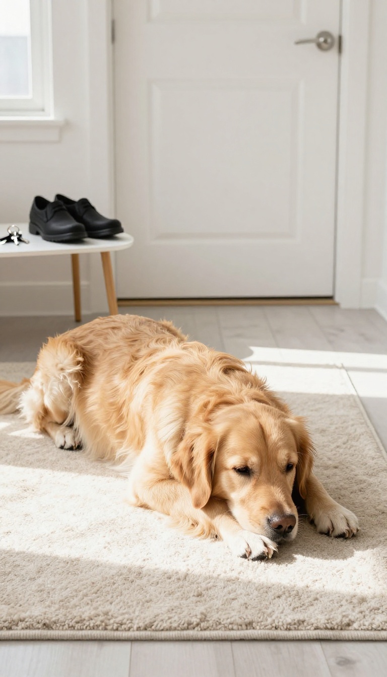 Calm dog resting by the door as owner prepares to leave