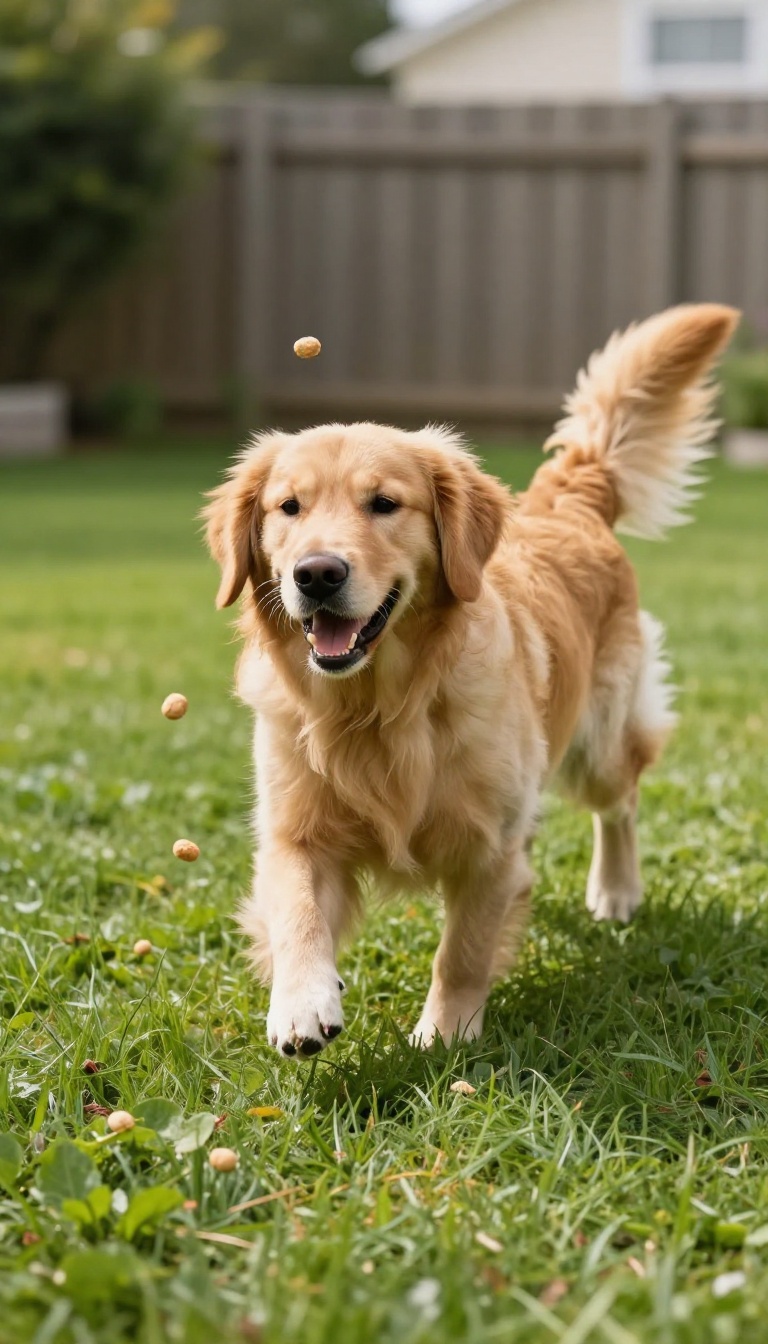 Dog returning to owner as treats scatter on the grass during a training session