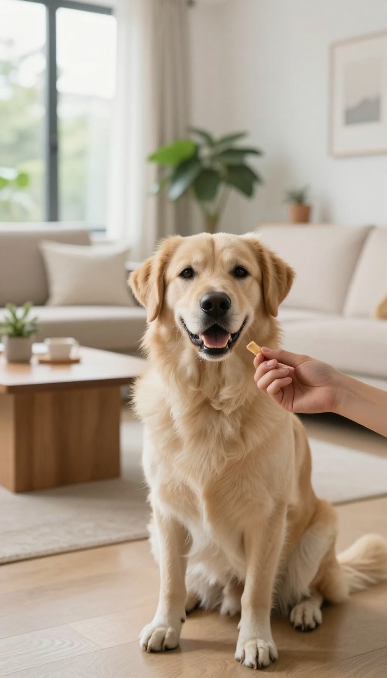 A calm dog sitting quietly in a bright apartment, with a hand offering a treat, illustrating positive reinforcement training.